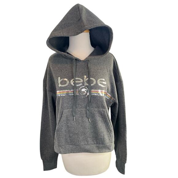 Bebe Women's Sequin Logo Hoodie Charcoal BP2350B Large NWT Thumbholes Kangaroo P - Picture 11 of 11